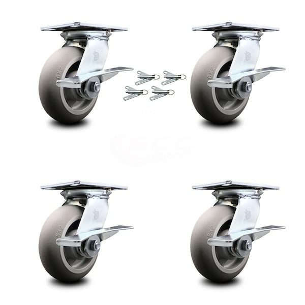 6 Inch Thermoplastic Caster Set with Ball Bearings and Brakes/Swivel Locks SCC